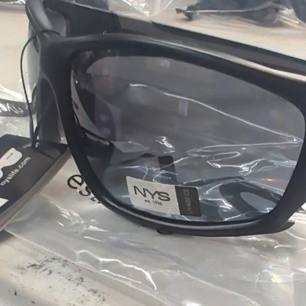 NYS Wrap Sunglasses Black Plastic Frame Gray Tinted Lens Lightweight